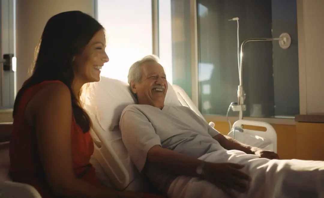 A stroke survivor in a hospital bed, celebrating life with family