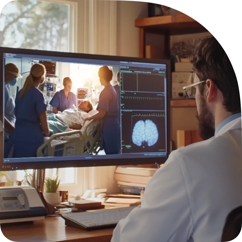 a virtual neurologist working from home is on a zoom call with the ICU to manage an emergency