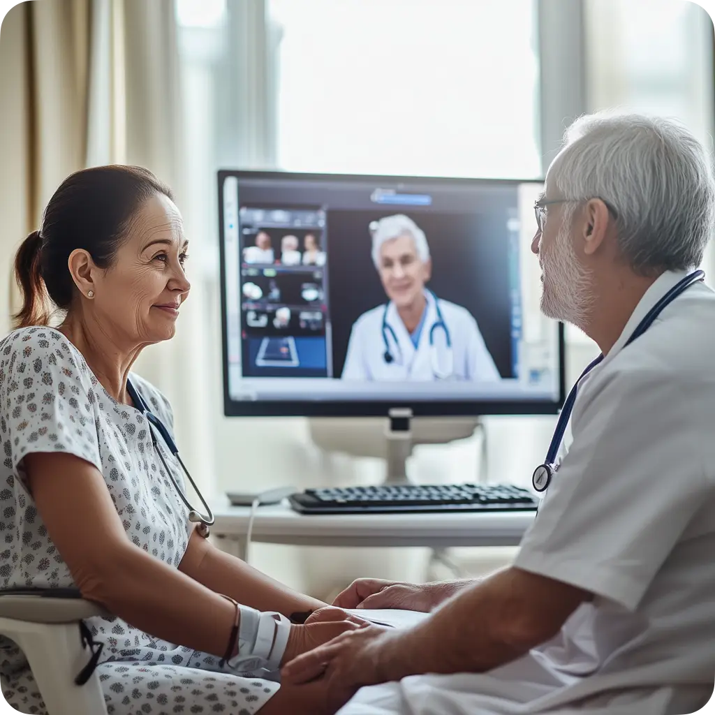 A patient and a doctor having a virtual consult with a neurologist specialist.