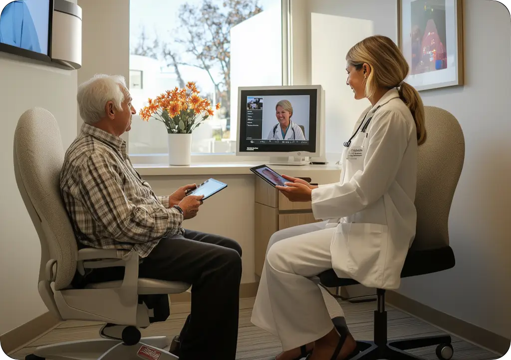 A patient and a doctor having a virtual consult with a neurologist