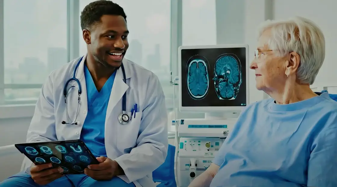 A happy neurologist talking with a stroke patient in a hospital room